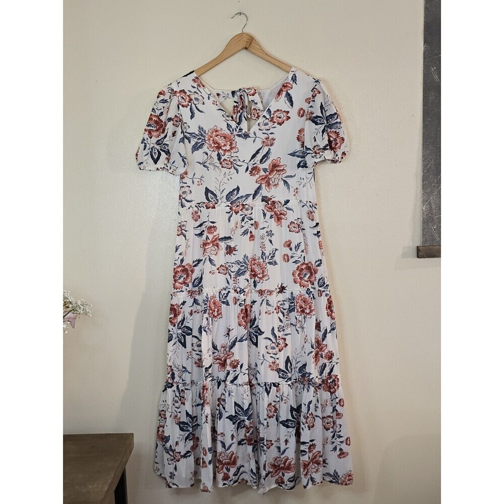 Lucky Brand Floral Tiered Midi Dress Puff Sleeve Cotton Blend Womens Size Small - Picture 14 of 14